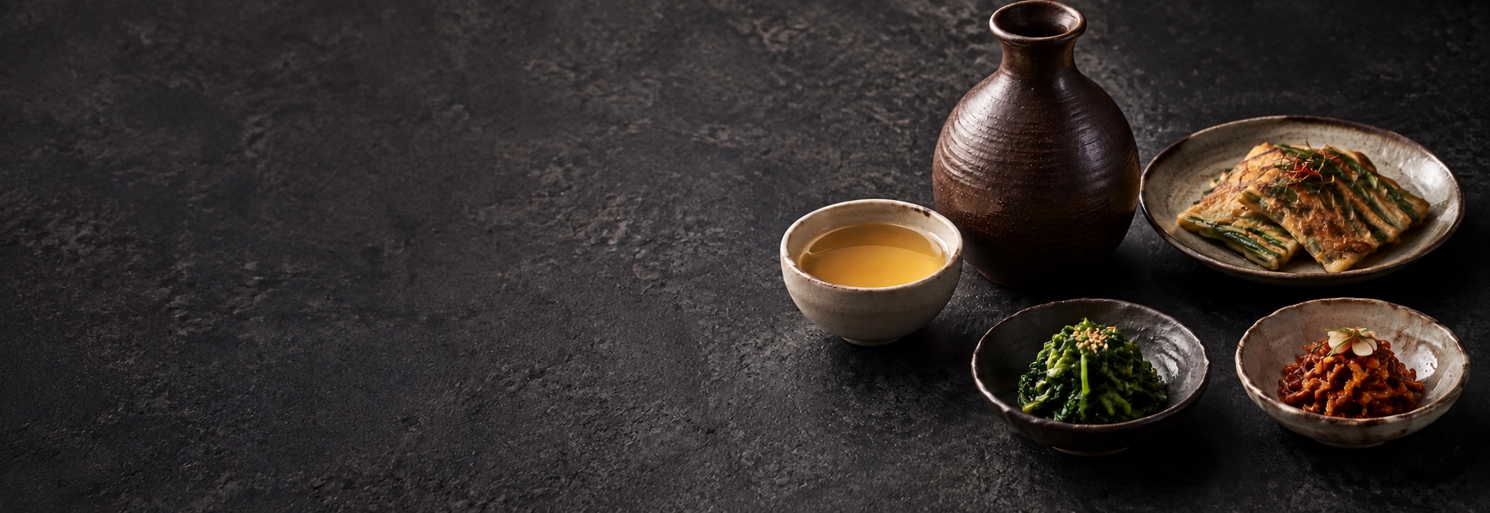 Clear Korean yakju served with jeon and banchan on a dark stone table